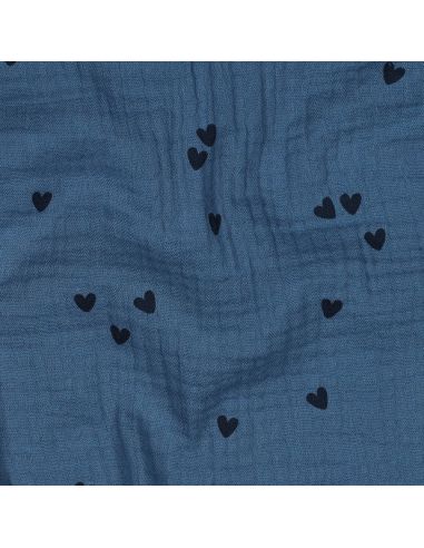 Tessuto doppia garza stampato - Cuore nero su sfondo blu