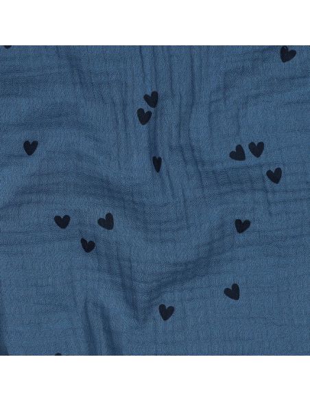 Tessuto doppia garza stampato - Cuore nero su sfondo blu