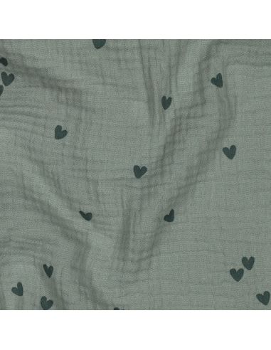 Tessuto doppia garza stampato - Cuore verde scuro su sfondo verde