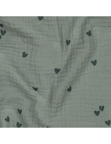 Tessuto doppia garza stampato - Cuore verde scuro su sfondo verde