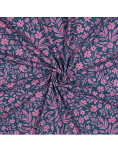Tessuto jersey floreale - Rosa su sfondo blu petrolio