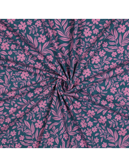 Tessuto jersey floreale - Rosa su sfondo blu petrolio