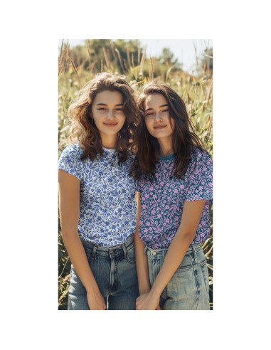 Tessuto jersey floreale - Rosa su sfondo blu petrolio