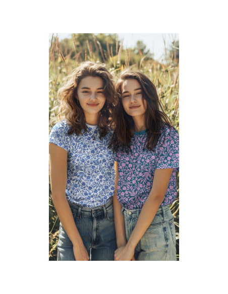Tessuto jersey floreale - Rosa su sfondo blu petrolio