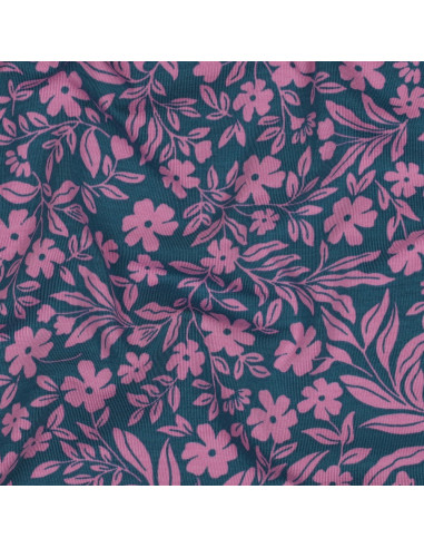 Tessuto jersey floreale - Rosa su sfondo blu petrolio