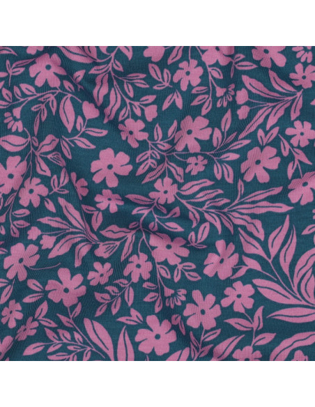 Tessuto jersey floreale - Rosa su sfondo blu petrolio