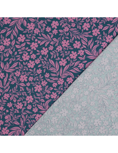 Tessuto jersey floreale - Rosa su sfondo blu petrolio