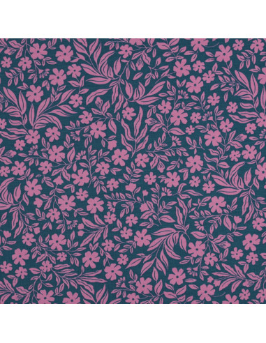 Tessuto jersey floreale - Rosa su sfondo blu petrolio