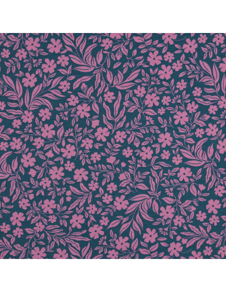 Tessuto jersey floreale - Rosa su sfondo blu petrolio