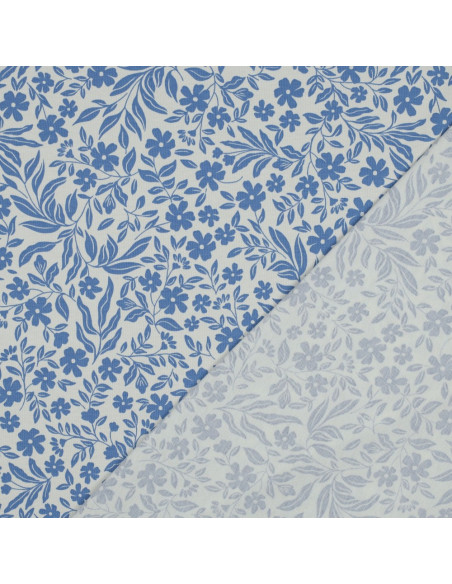 Tessuto jersey a fiori - Blu su sfondo bianco