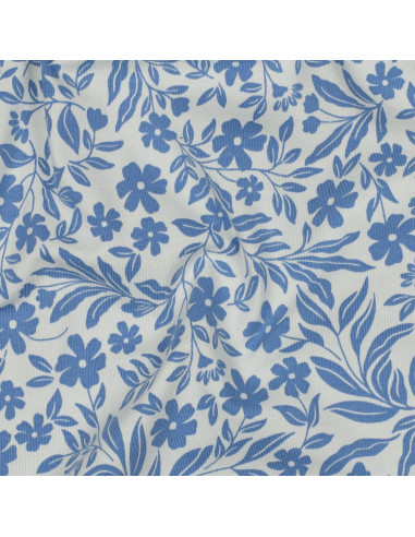 Tessuto jersey a fiori - Blu su sfondo bianco
