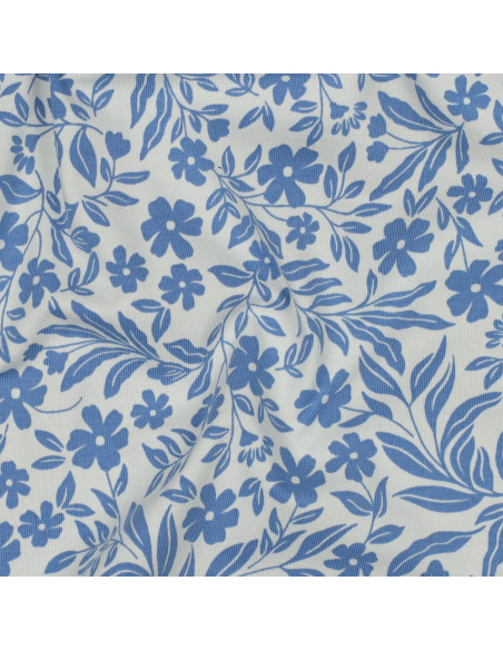 Tessuto jersey a fiori - Blu su sfondo bianco