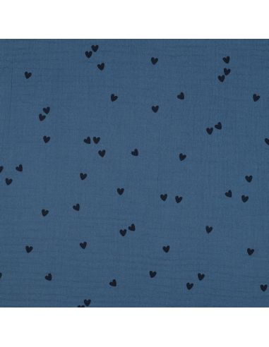 Tessuto doppia garza stampato - Cuore nero su sfondo blu