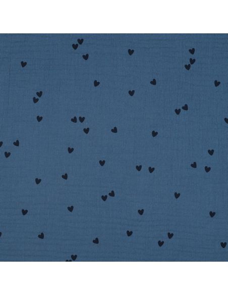 Tessuto doppia garza stampato - Cuore nero su sfondo blu