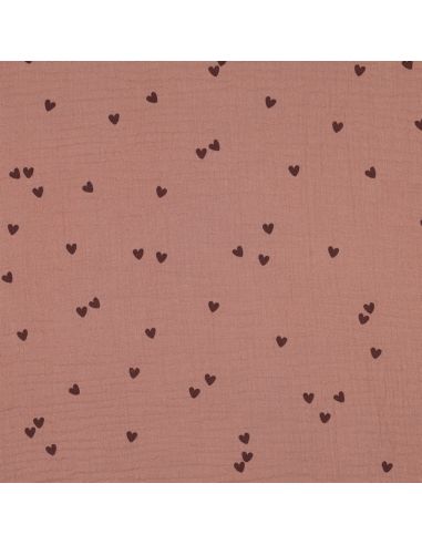 Tessuto doppia garza stampato - Cuore mocha su sfondo marrone