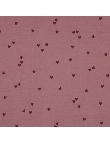 Tessuto doppia garza stampato - Cuori rosa su sfondo rosa antico scuro