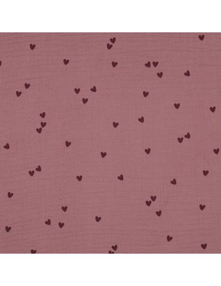 Tessuto doppia garza stampato - Cuori rosa su sfondo rosa antico scuro