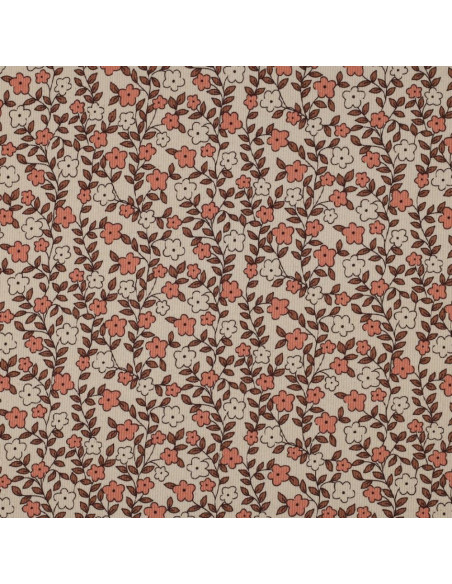 Tessuto jersey di cotone a maglia a coste - Fiori su sfondo naturale