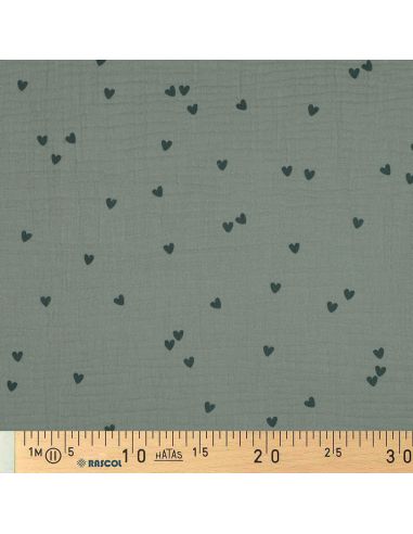 Tessuto doppia garza stampato - Cuore verde scuro su sfondo verde