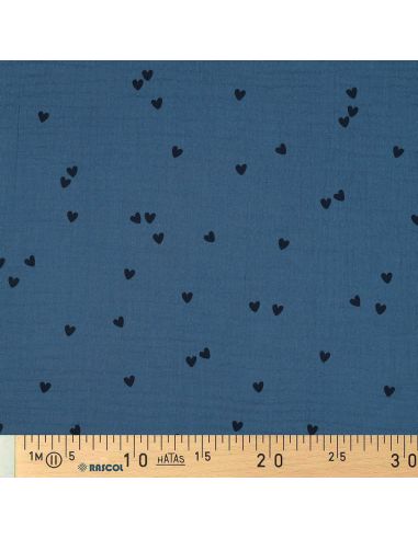 Tessuto doppia garza stampato - Cuore nero su sfondo blu