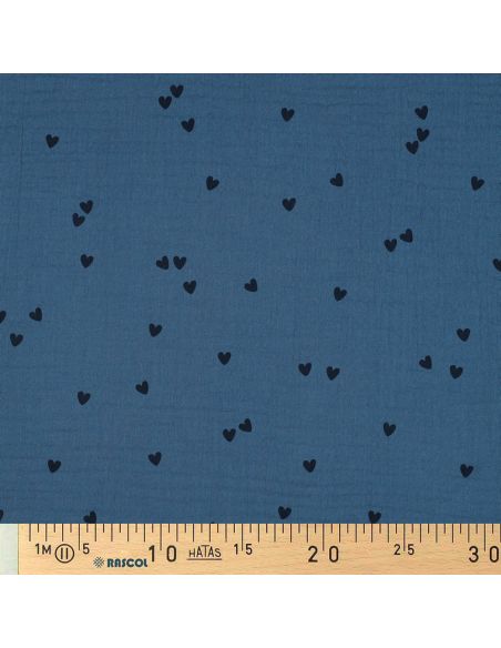 Tessuto doppia garza stampato - Cuore nero su sfondo blu