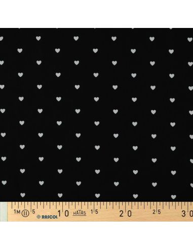 Tessuto popeline di cotone fantasia - Cuori bianchi su sfondo nero