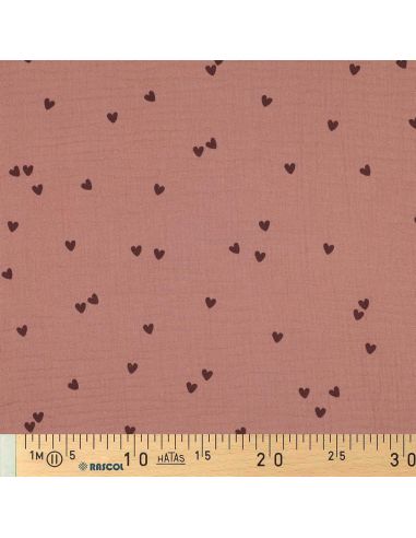 Tessuto doppia garza stampato - Cuore mocha su sfondo marrone