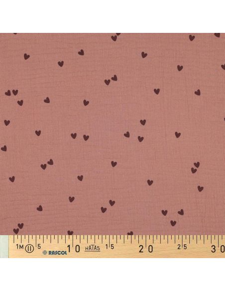 Tessuto doppia garza stampato - Cuore mocha su sfondo marrone