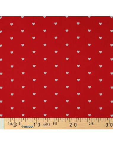 Tessuto popeline di cotone fantasia - Cuori bianchi su sfondo rosso