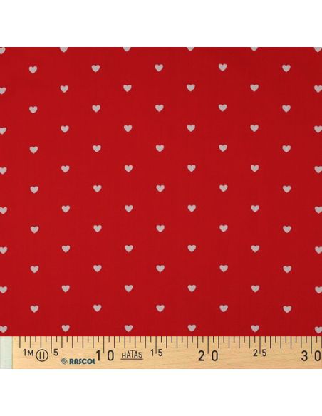 Tessuto popeline di cotone fantasia - Cuori bianchi su sfondo rosso