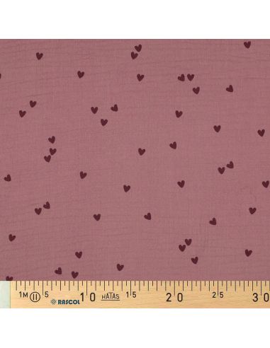 Tessuto doppia garza stampato - Cuori rosa su sfondo rosa antico scuro
