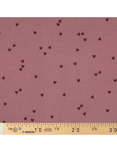 Tessuto doppia garza stampato - Cuori rosa su sfondo rosa antico scuro
