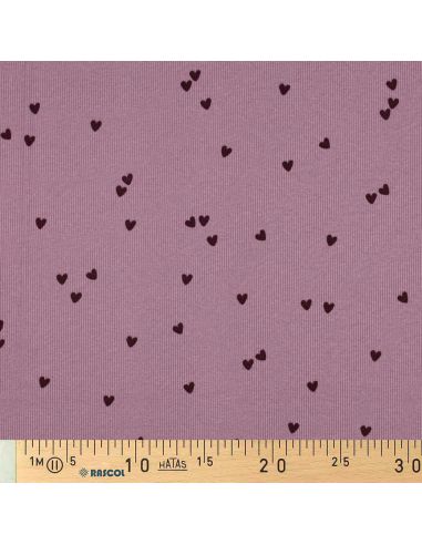 Tessuto jersey di cotone a maglia a coste - Cuori malva