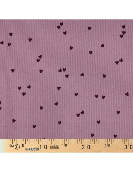 Tessuto jersey di cotone a maglia a coste - Cuori malva