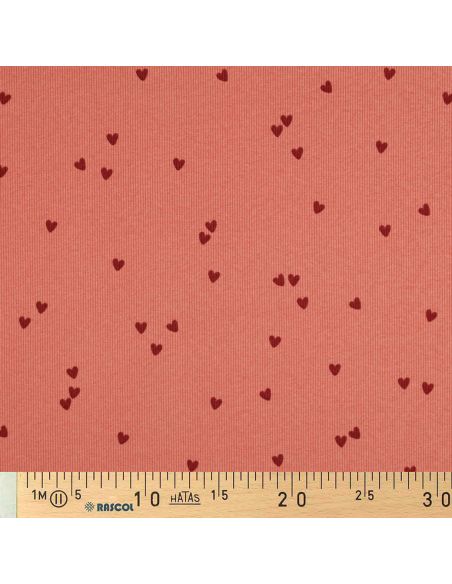 Tessuto jersey di cotone a maglia a coste - Cuori corallo