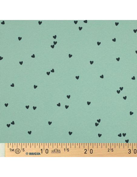 Tessuto jersey di cotone a maglia a coste - Cuori salvia