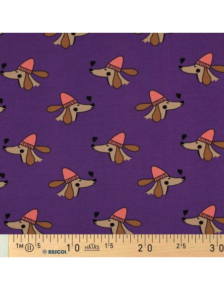 Tessuto felpato cane e cuori - Viola
