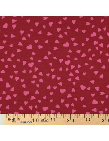 Tessuto felpato rosso - Cuori rosa