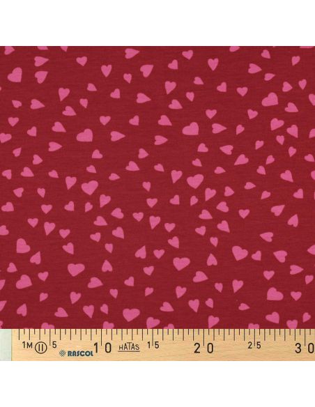 Tessuto felpato rosso - Cuori rosa