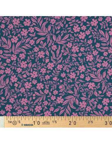 Tessuto jersey floreale - Rosa su sfondo blu petrolio