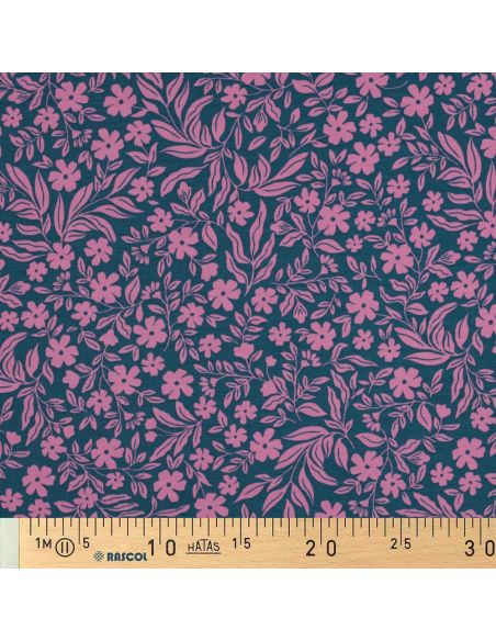 Tessuto jersey floreale - Rosa su sfondo blu petrolio
