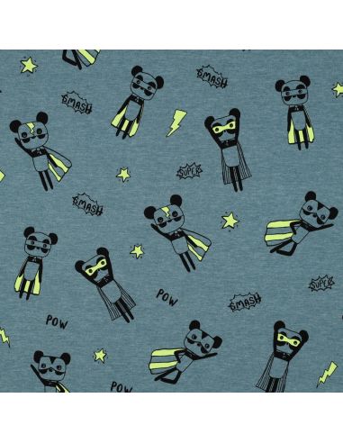Tessuto jersey mélange - Supereroi gialli su sfondo blu