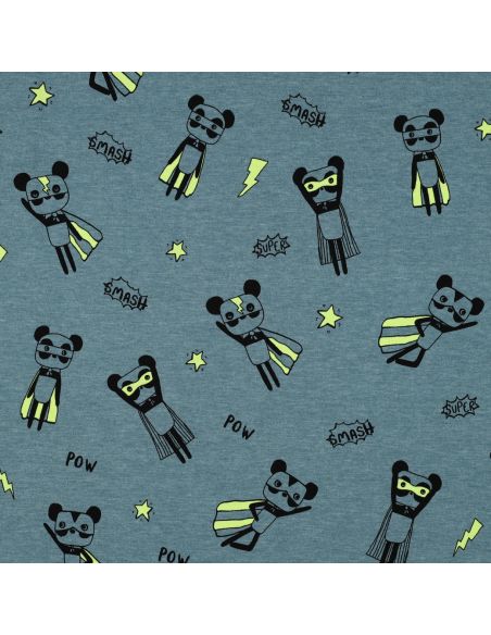Tessuto jersey mélange - Supereroi gialli su sfondo blu