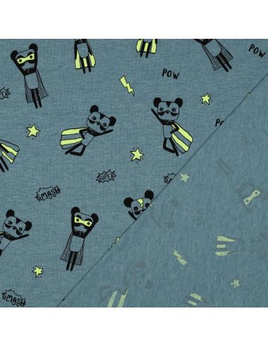 Tessuto jersey mélange - Supereroi gialli su sfondo blu
