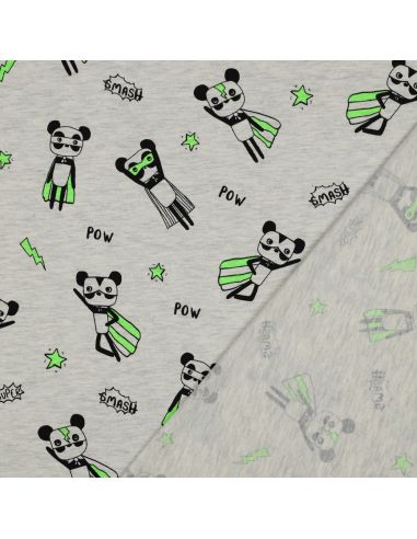 Tessuto jersey mélange - Supereroe verde su sfondo grigio