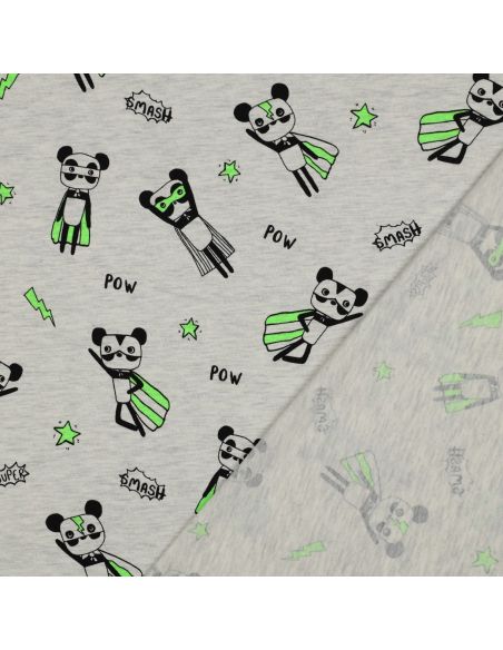 Tessuto jersey mélange - Supereroe verde su sfondo grigio