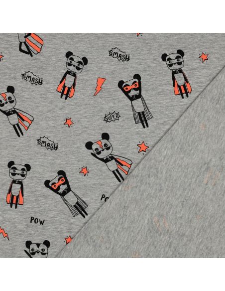 Tessuto jersey mélange - Supereroi arancioni su sfondo grigio