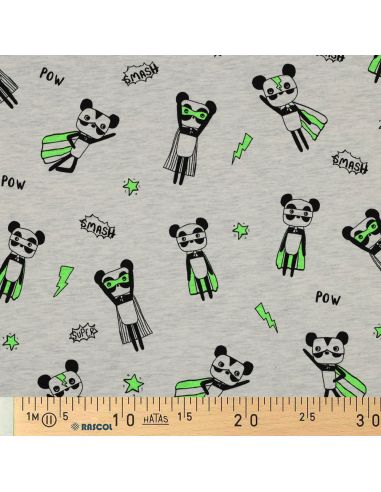 Tessuto jersey mélange - Supereroe verde su sfondo grigio
