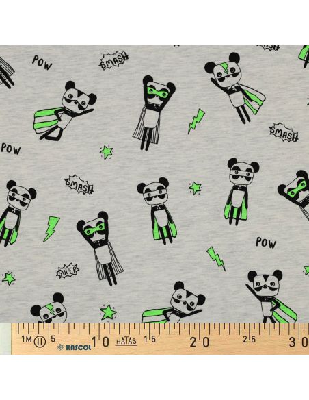Tessuto jersey mélange - Supereroe verde su sfondo grigio