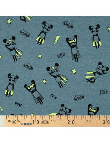 Tessuto jersey mélange - Supereroi gialli su sfondo blu